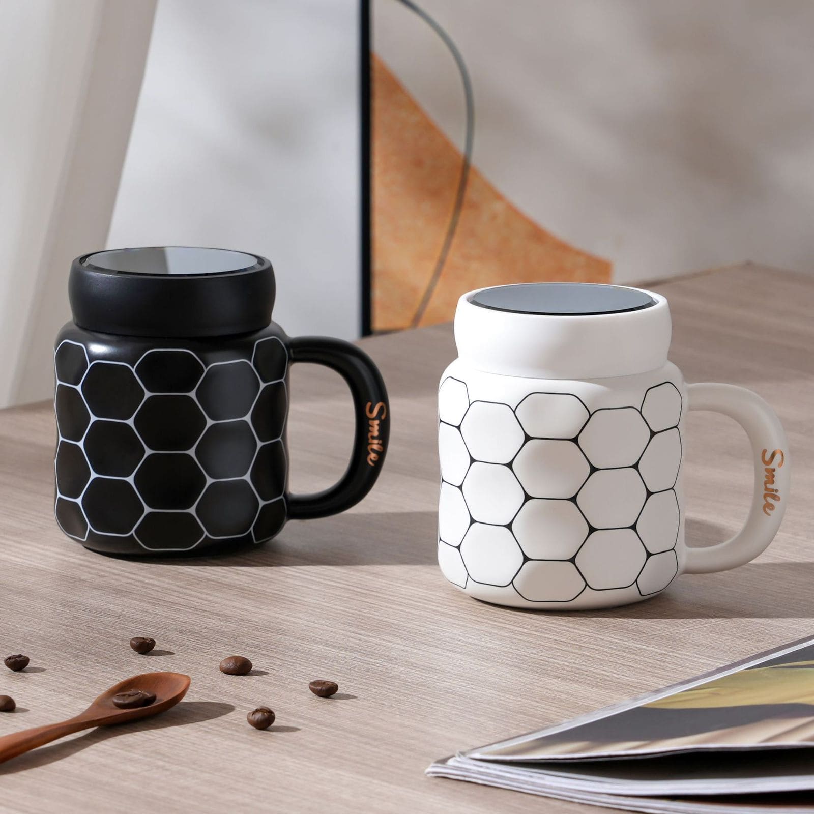Smile Handle Mug, Honeycomb Royal Tea Cups with Lid, Creative Mug With Lid Smile Handle Mug, Honeycomb Royal Tea Cups with Lid, Creative Mug With Lid